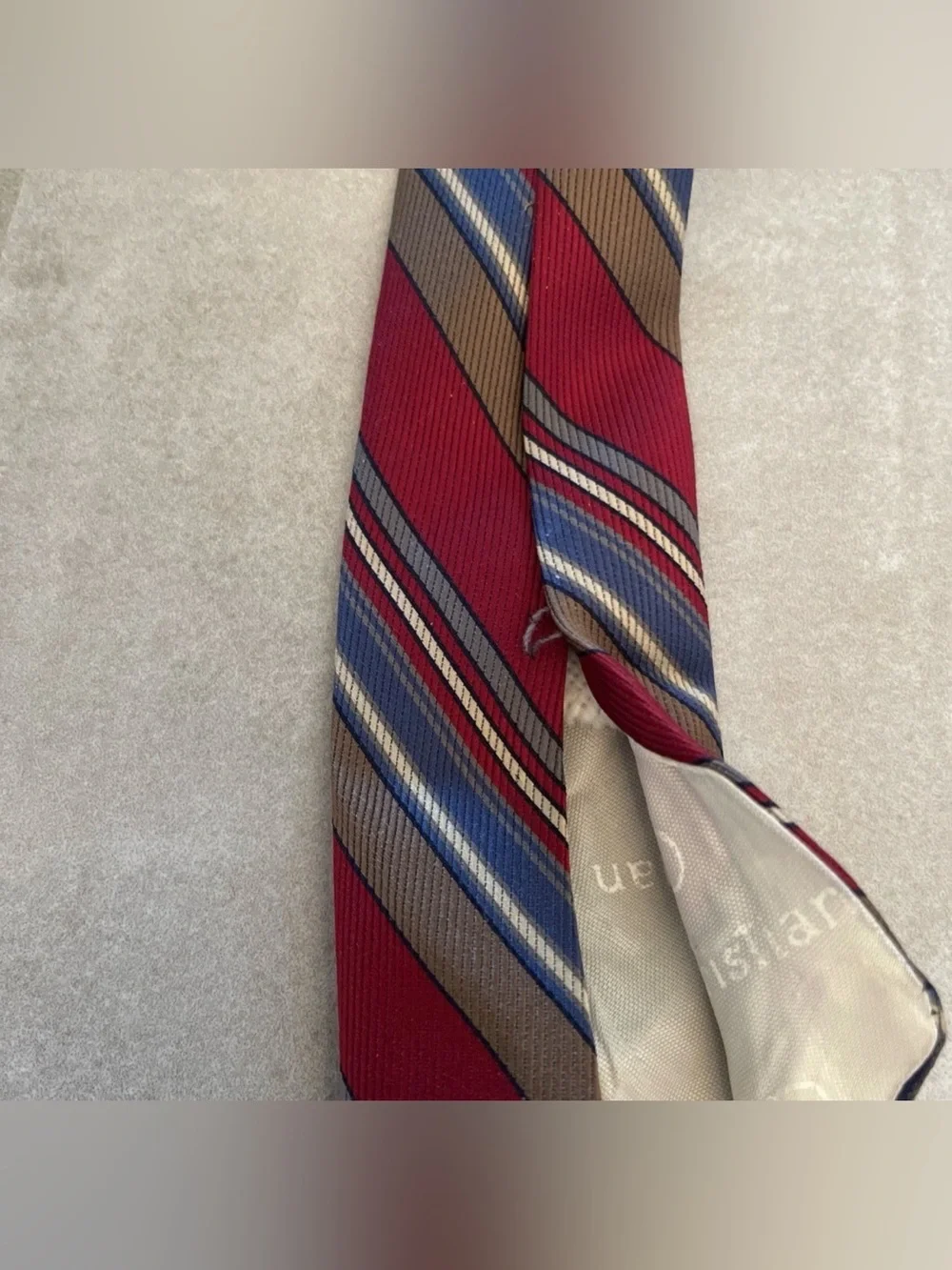 VTG Christian Dior Men’s Necktie Red White Blue Gray Stripe Logo Wording